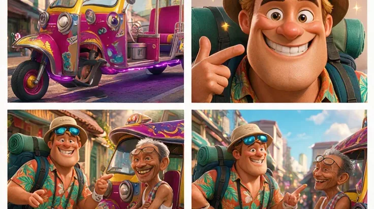 Cast, street, and tuk-tuk references connected to a generated storyboard sheet.