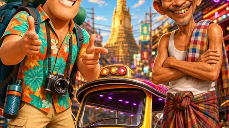 Two animated characters and a tuk-tuk reference connected to a vertical movie cover.