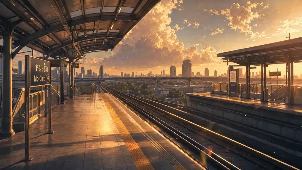 Golden hour at Mo Chit platform, anime film still