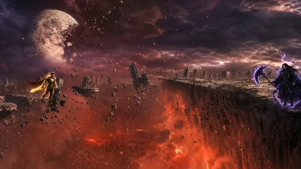 Lava battlefield under a broken moon, epic wide