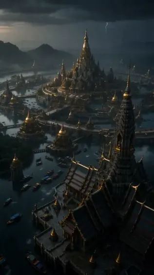 Temple city at dusk, vertical key art
