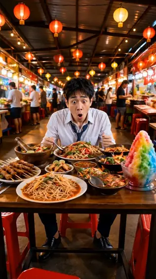 A giant street-food feast, vertical comedy shot